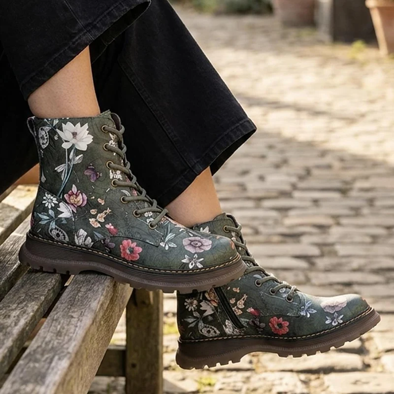 Floral Pattern Lace Up Ankle Boots - LECHE44010 / 329 753 - Green Floral