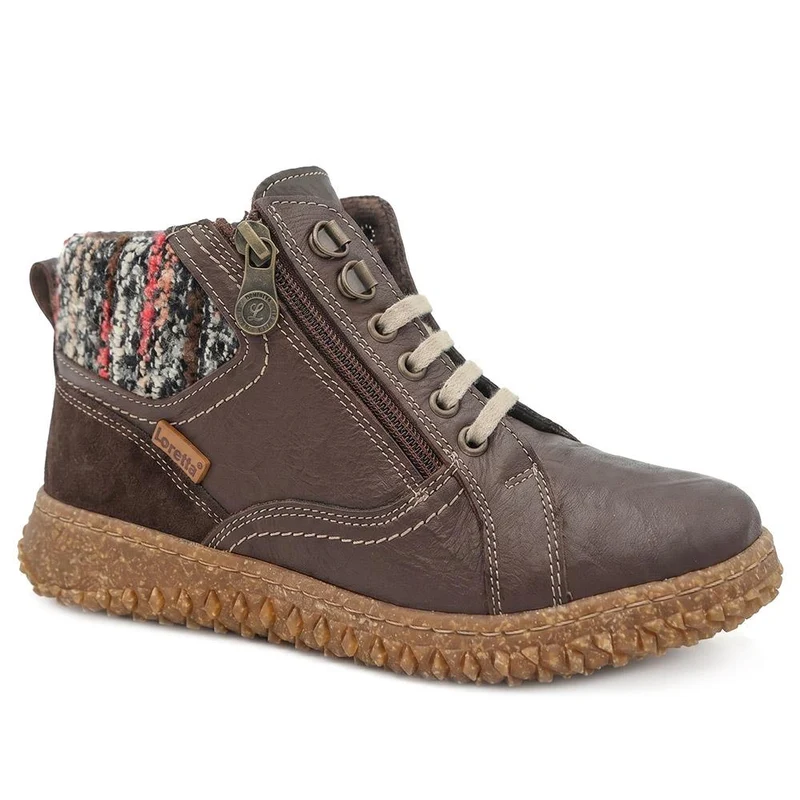 Loretta Zip & Lace Knitted Cuff Ankle Boots - HAK44000 / 329 615 - Brown