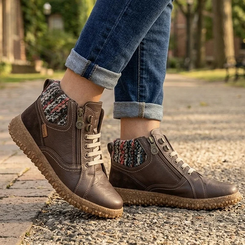 Loretta Zip & Lace Knitted Cuff Ankle Boots - HAK44000 / 329 615 - Brown