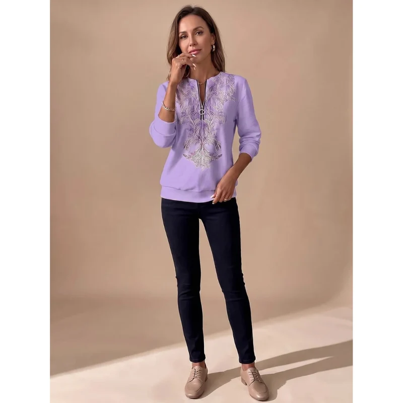 Janina | Damen Pullover mit Reißverschluss und Blumenmuster