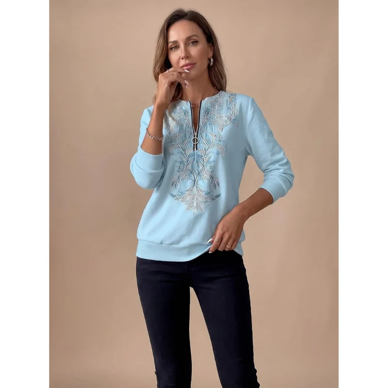 Janina | Damen Pullover mit Reißverschluss und Blumenmuster
