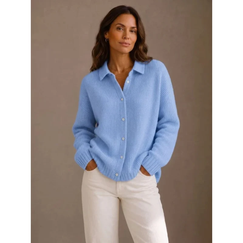 Sybille | Damen Strickjacke Oversized mit Kragen, Knöpfen und Weitem Schnitt