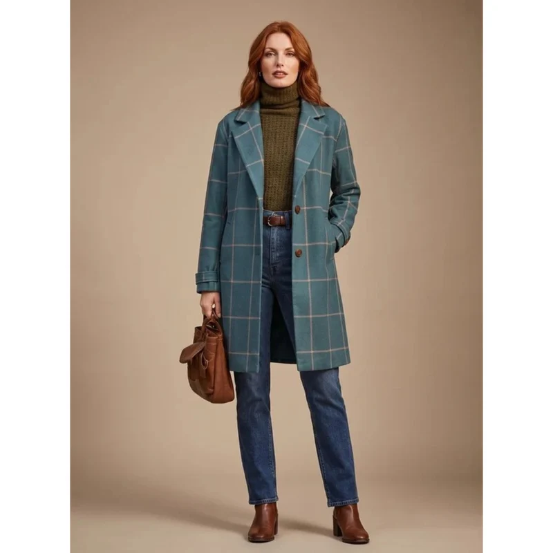 Ikra | Damen Winterjacke in Grün mit Karomuster und Revers