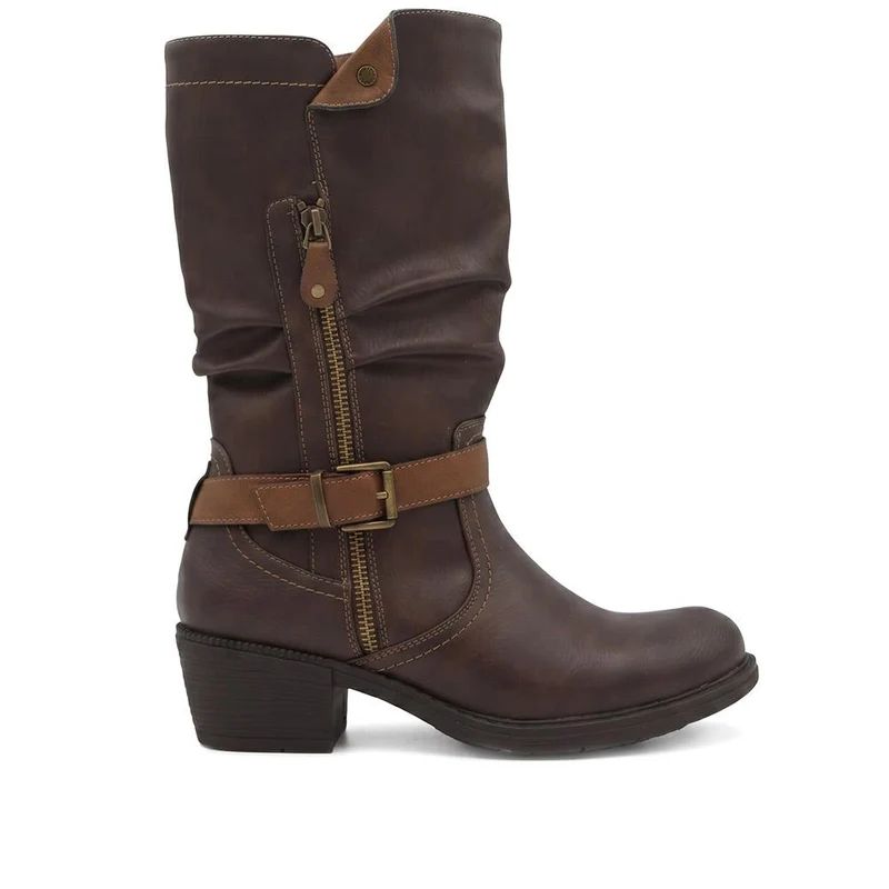 Waterproof Zip & Buckle Heeled Calf Boots - LECHE44015 / 329 803 - Brown