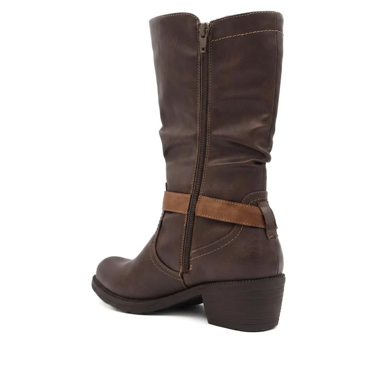 Waterproof Zip & Buckle Heeled Calf Boots - LECHE44015 / 329 803 - Brown