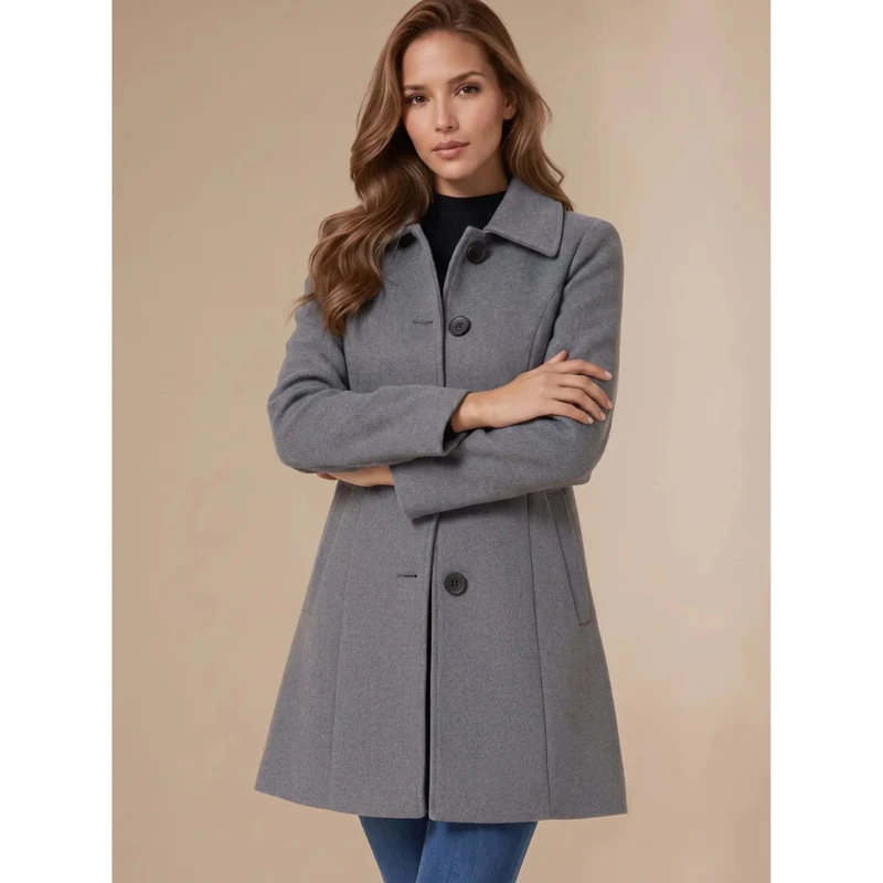 Amea | Damen Trench Coat lang geschnitten mit Kragen und Knöpfen