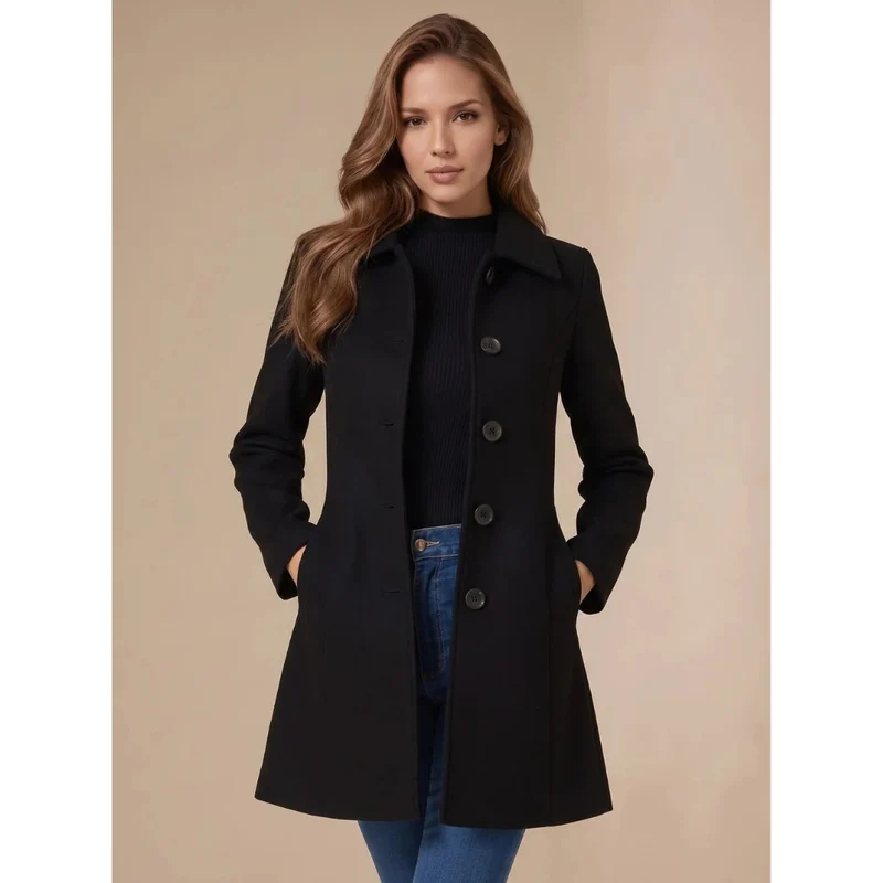 Amea | Damen Trench Coat lang geschnitten mit Kragen und Knöpfen