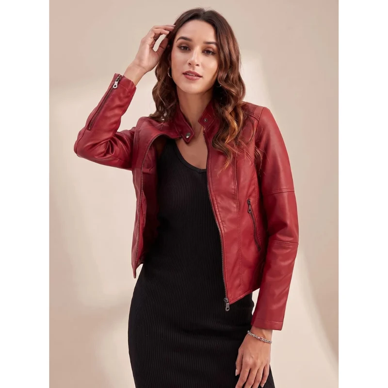 Mavie | Damen Bikerjacke aus Kunstleder mit Stehkragen und Reißverschluss