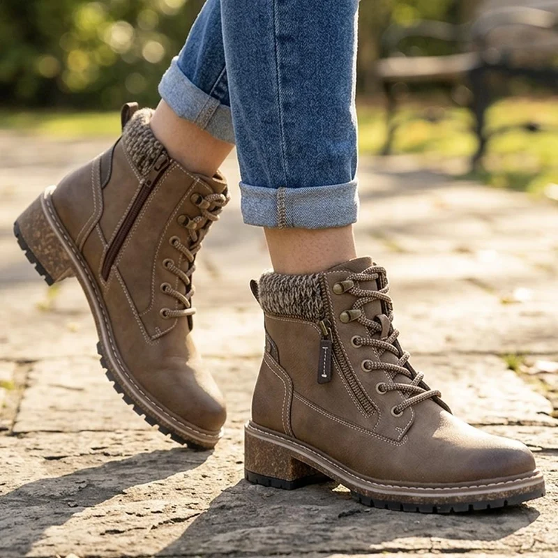 Knitted Cuff Zip Fasten Ankle Boots - LAND44000 / 329 945 - Tan