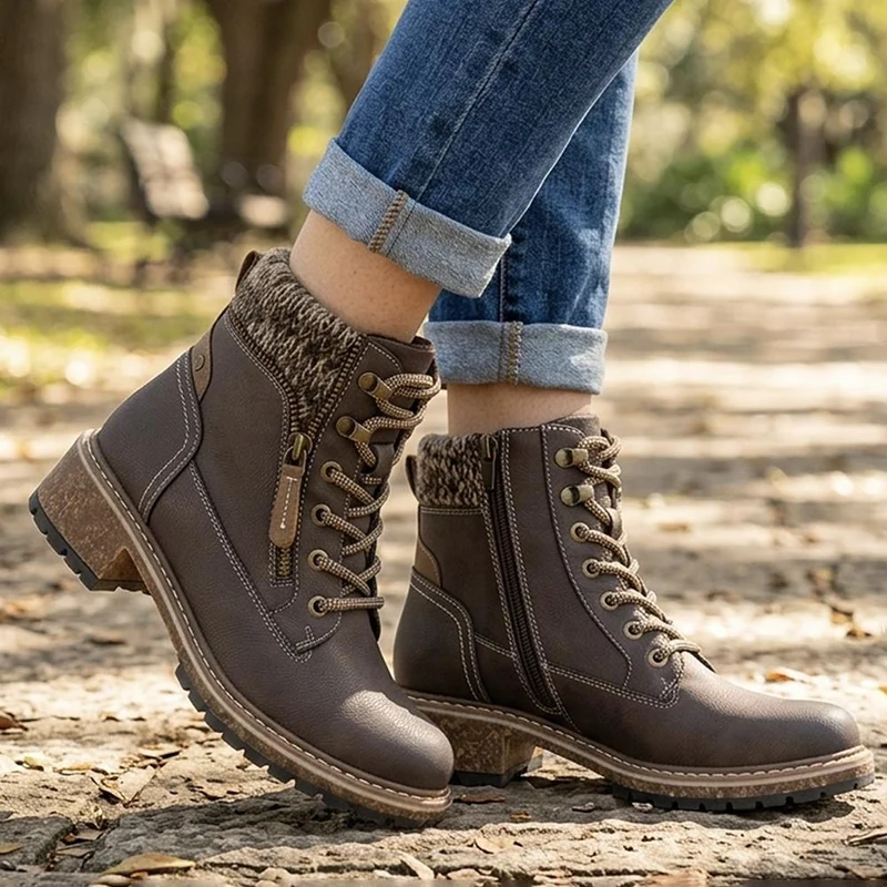Knitted Cuff Zip Fasten Ankle Boots - LAND44000 / 329 945 - Brown