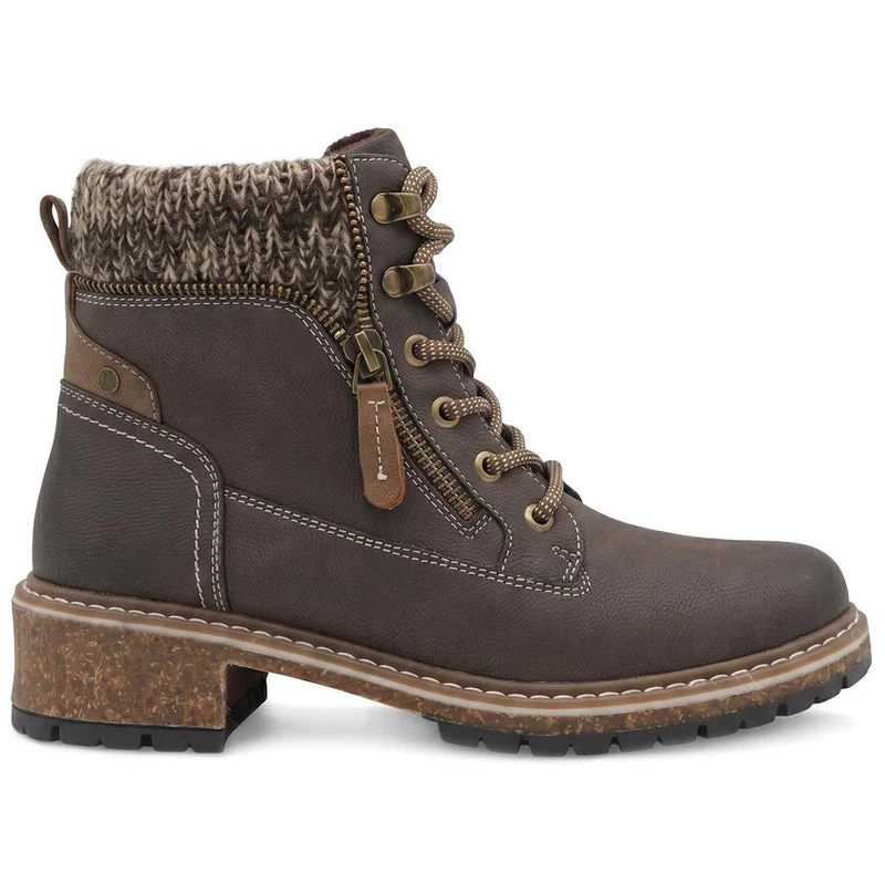 Knitted Cuff Zip Fasten Ankle Boots - LAND44000 / 329 945 - Brown