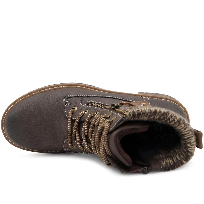 Knitted Cuff Zip Fasten Ankle Boots - LAND44000 / 329 945 - Brown