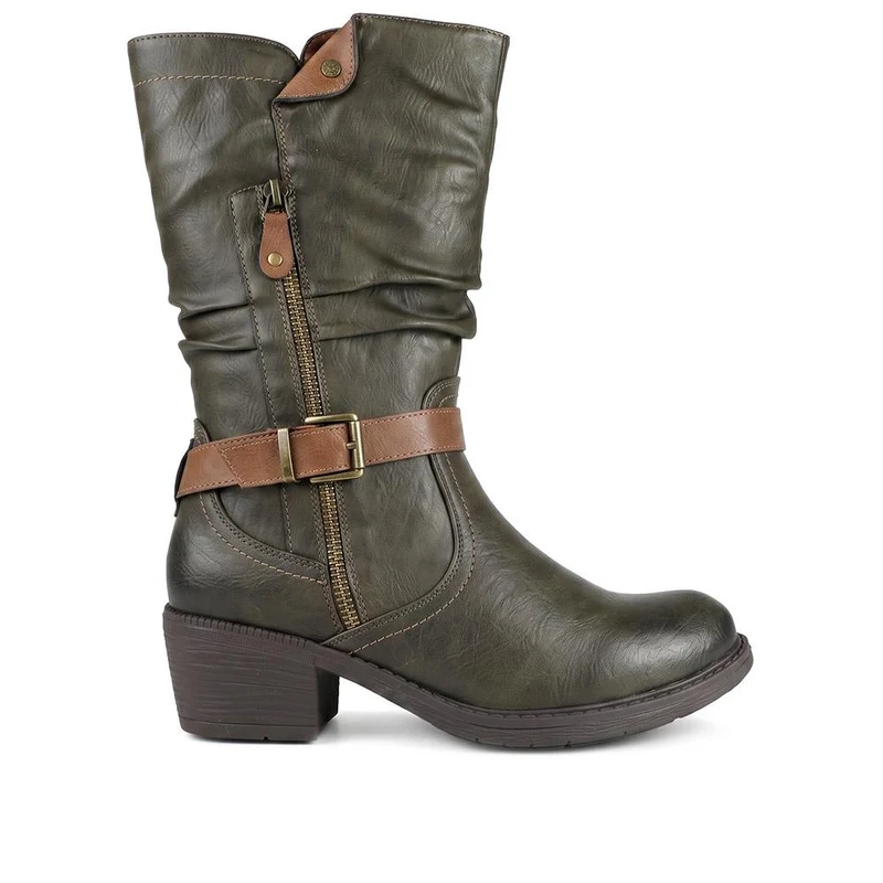 Waterproof Zip & Buckle Heeled Calf Boots - LECHE44015 / 329 803 - Khaki