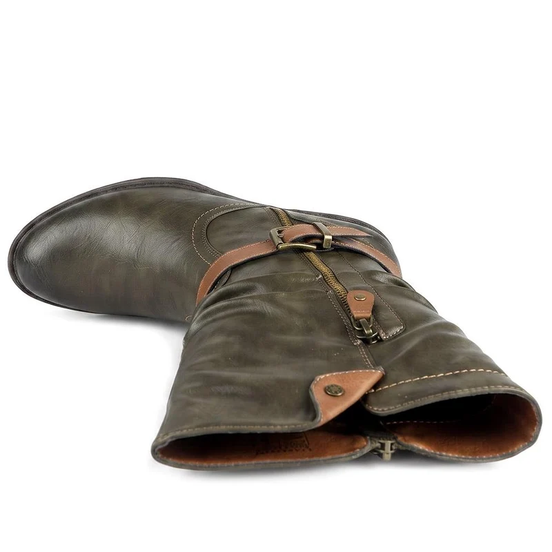 Waterproof Zip & Buckle Heeled Calf Boots - LECHE44015 / 329 803 - Khaki
