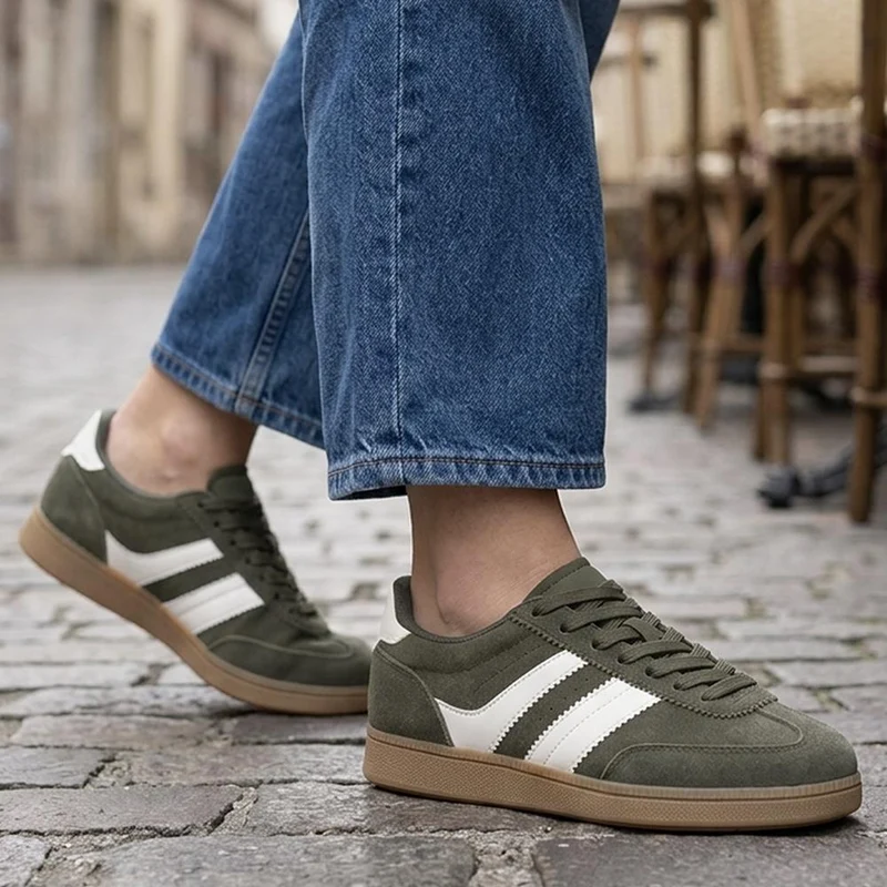 Bellissimo Leather Striped Lace Up Trainers - BELDINGX43005 / 329 348 - Olive