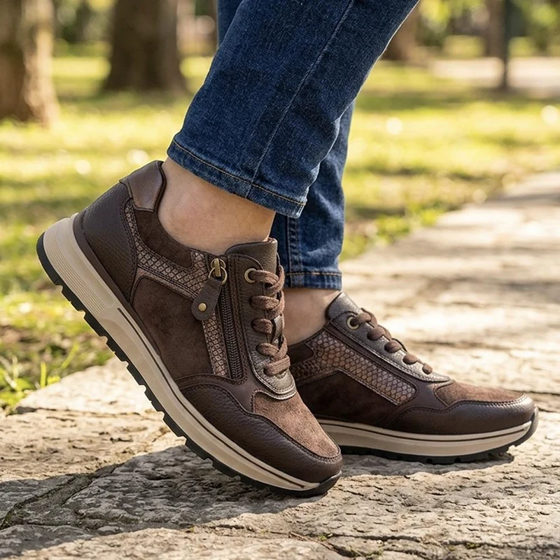 Breathable Zip & Lace Style Trainers - WOIL44043 / 329 619 - Brown