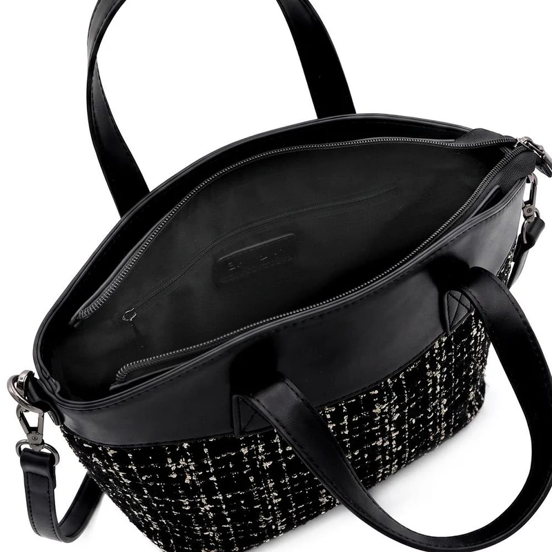 Tartan Pattern Zip Up Handbag - RIM44003 / 329 884 - Black Tweed
