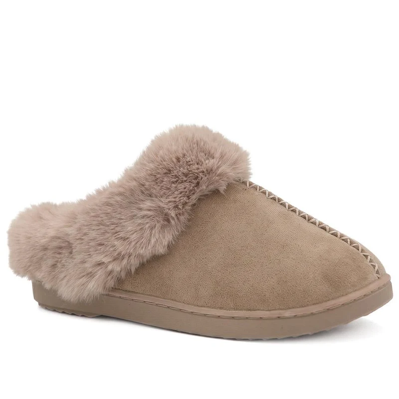 Luxury Faux Fur Lined Mule Slippers - GALOP44003 / 330 002 - Taupe