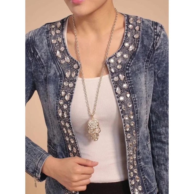 Enid | Damen blaue Übergangsjacke mit Strass und Langarm