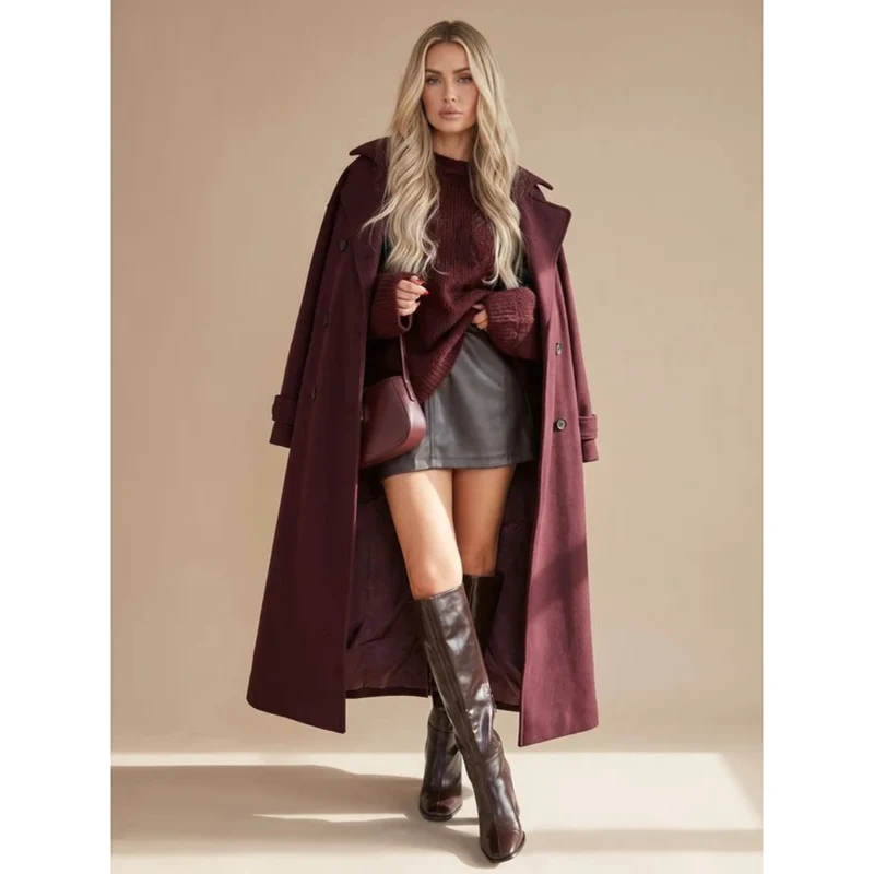Niva | Damen Bordeaux Winterjacke mit Gürtel