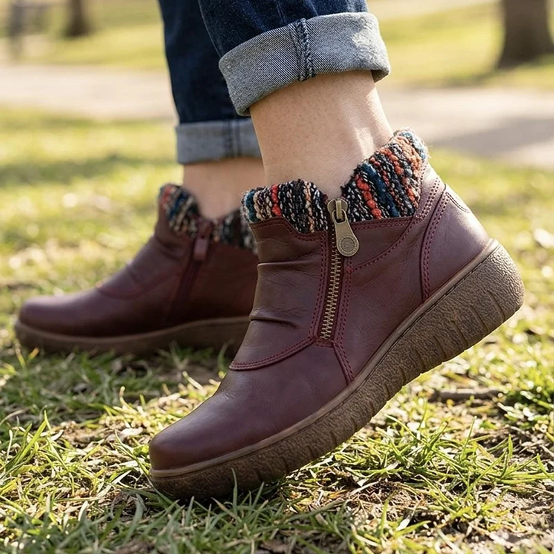 Loretta Knitted Cuff Zip-Up Boots - HAK42005 / 328 443 - Burgundy