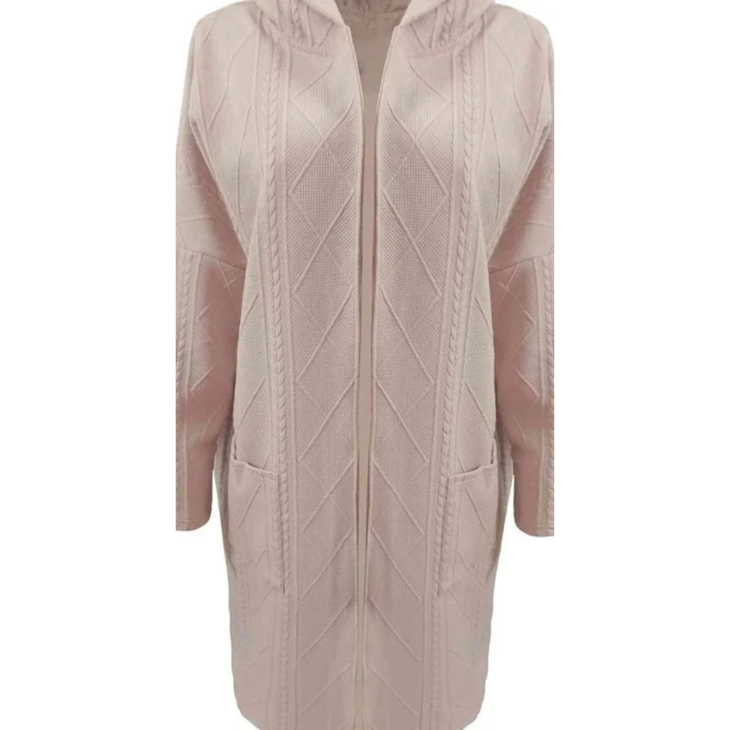 Aylin | Damen Lange Strickjacke mit Kapuze und Strickmuster