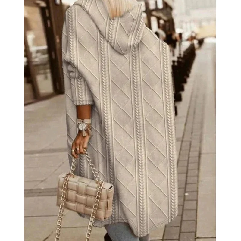Aylin | Damen Lange Strickjacke mit Kapuze und Strickmuster