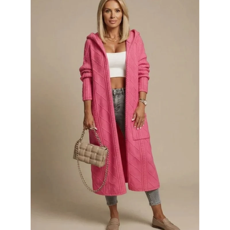 Aylin | Damen Lange Strickjacke mit Kapuze und Strickmuster