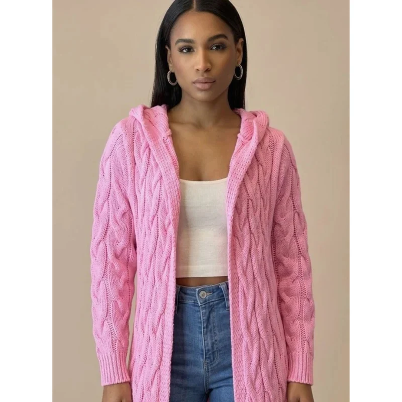Aylin | Damen Lange Strickjacke mit Kapuze und Strickmuster