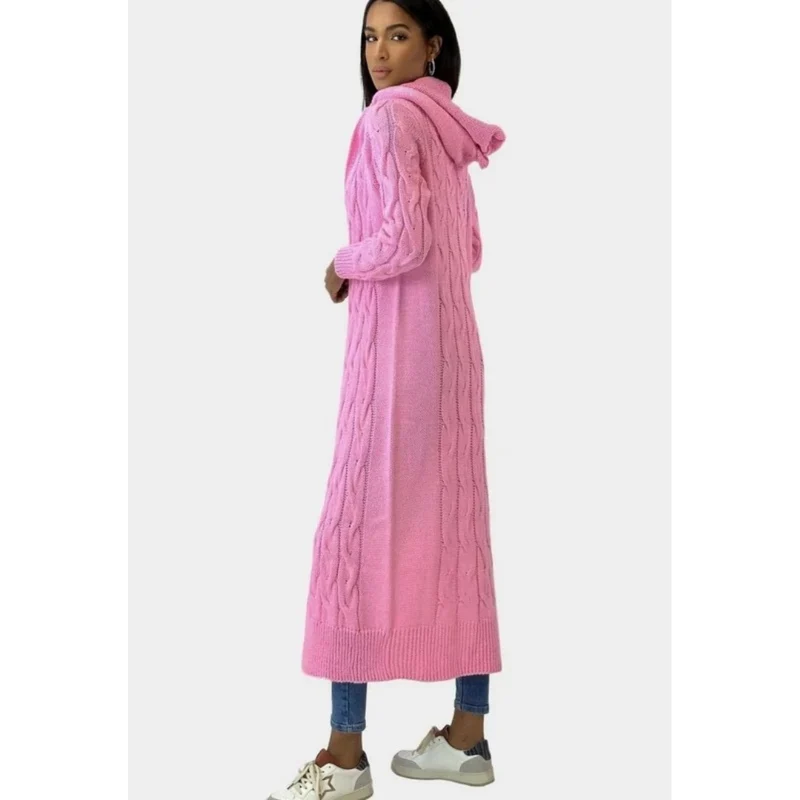 Aylin | Damen Lange Strickjacke mit Kapuze und Strickmuster