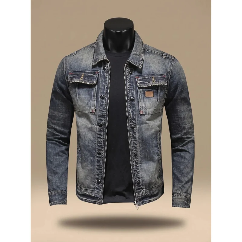 Matteo | Herren Dunkelgraue Denim Jacke mit Reißverschluss und Stil