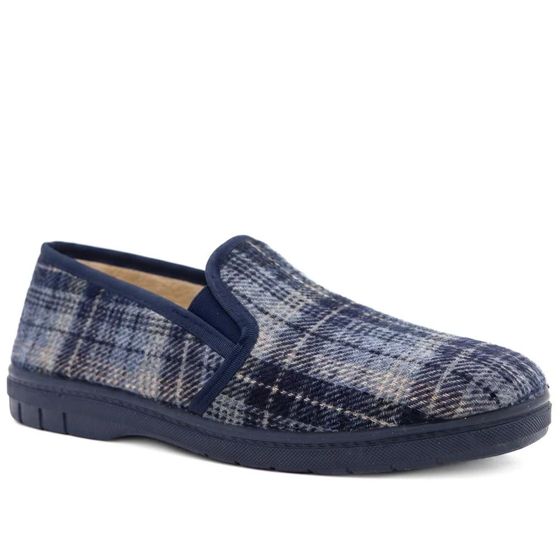 Warm Lined Tartan Full Slippers - BONAD44005 / 330 303 - Navy Multi