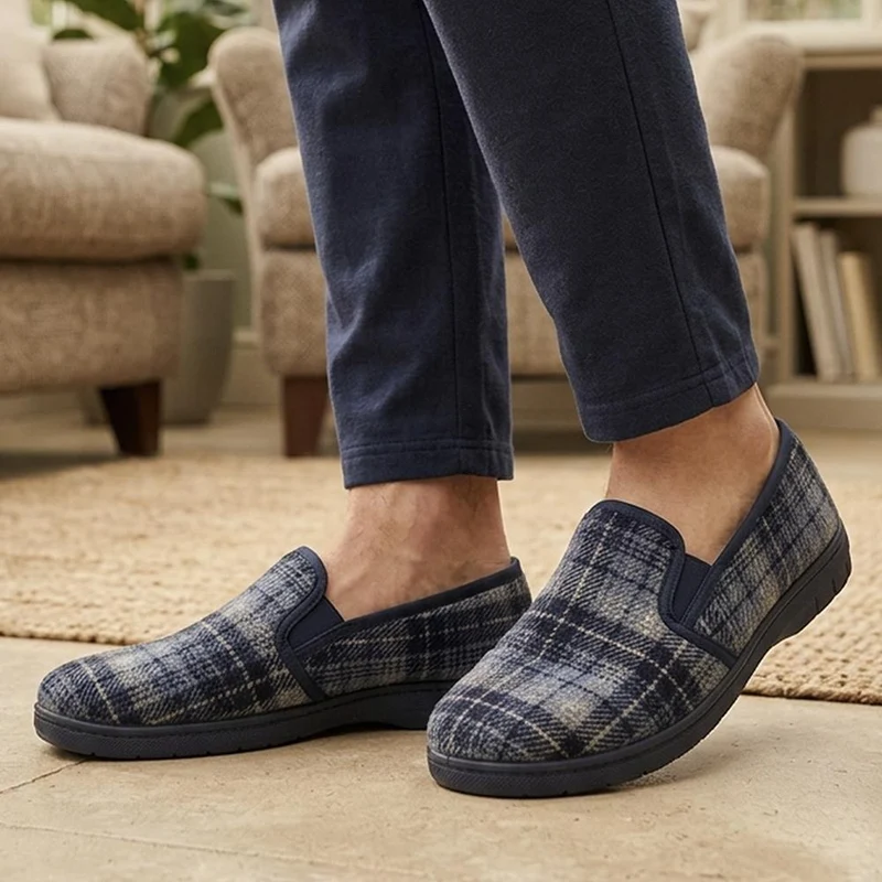 Warm Lined Tartan Full Slippers - BONAD44005 / 330 303 - Navy Multi
