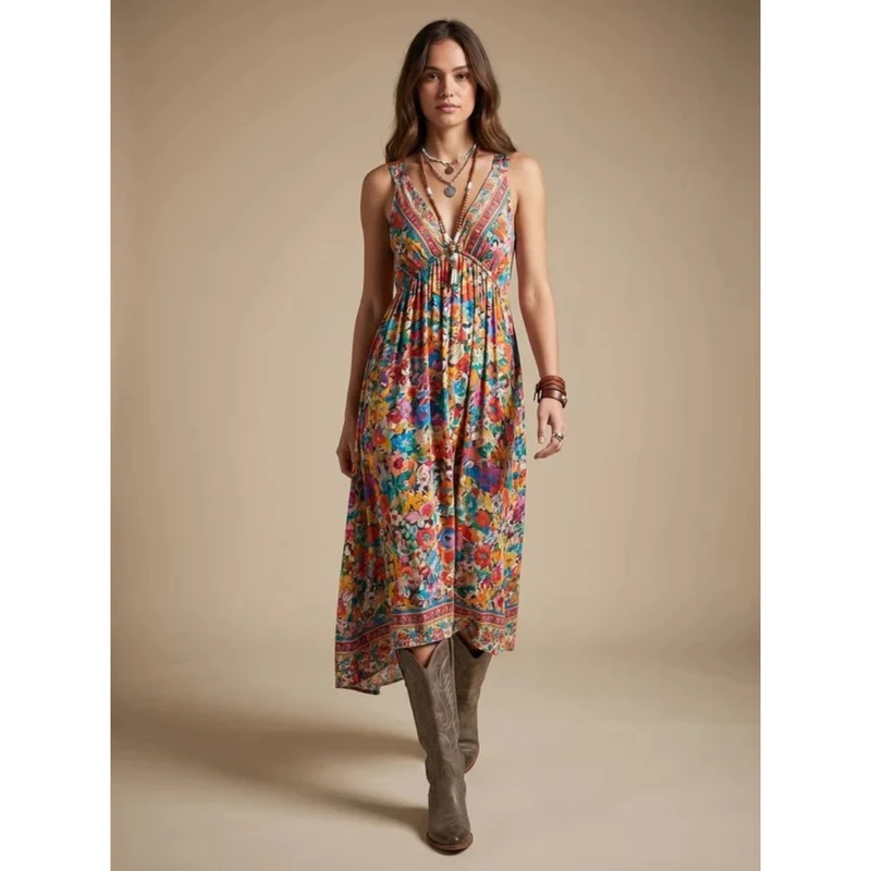 Brielle | Damen Boho Maxikleid mit V Ausschnitt und Vintage Blumenmuster