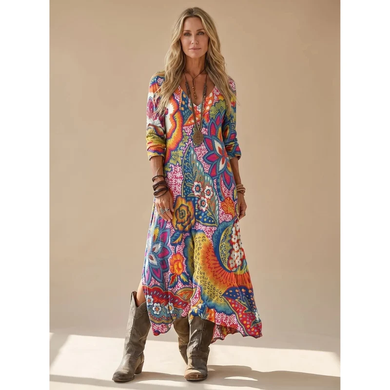 Brielle | Damen Boho Maxikleid mit V Ausschnitt und Vintage Blumenmuster