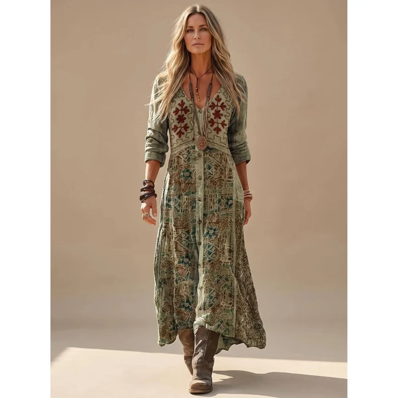 Kalea | Damen Boho Maxikleid mit Langarm, V Ausschnitt und Vintage Muster