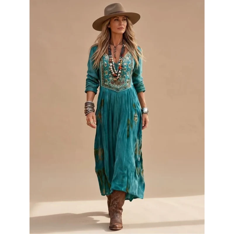 Isadora | Damen Grun Boho Maxikleid mit Langarm, V Ausschnitt und Vintage Muster