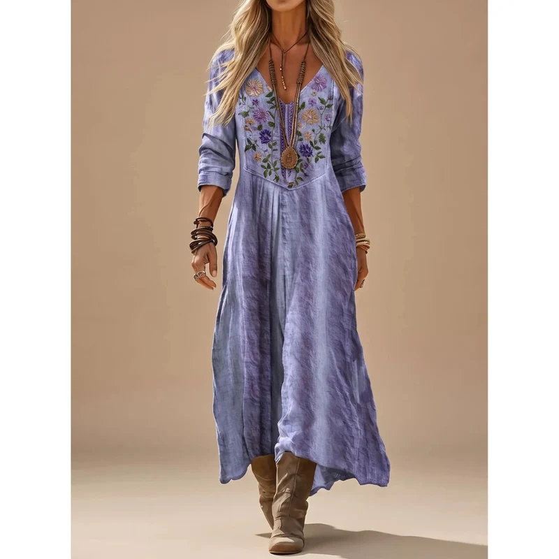 Daphne | Damen Lila Boho Maxikleid mit Langarm, V Ausschnitt und Vintage Stickerei