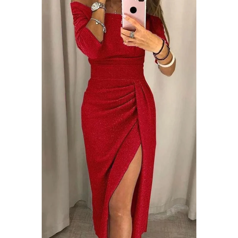 Silvana | Damen Cocktailkleid mit Langarm, Falten und Pailletten