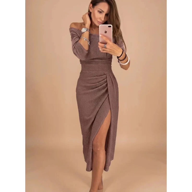 Silvana | Damen Cocktailkleid mit Langarm, Falten und Pailletten