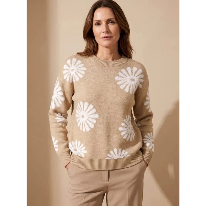 Eleonore | Damen Beige Strickpullover mit Blumen Design und Bündchen