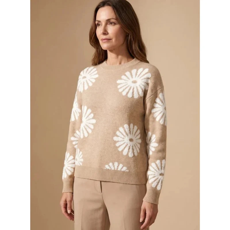 Eleonore | Damen Beige Strickpullover mit Blumen Design und Bündchen