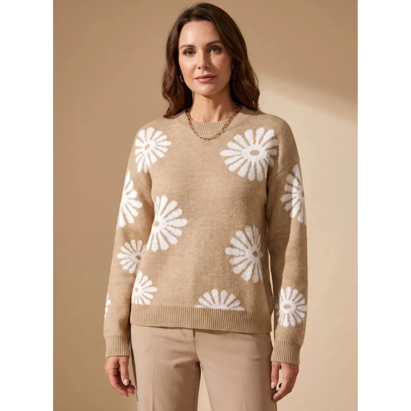 Eleonore | Damen Beige Strickpullover mit Blumen Design und Bündchen