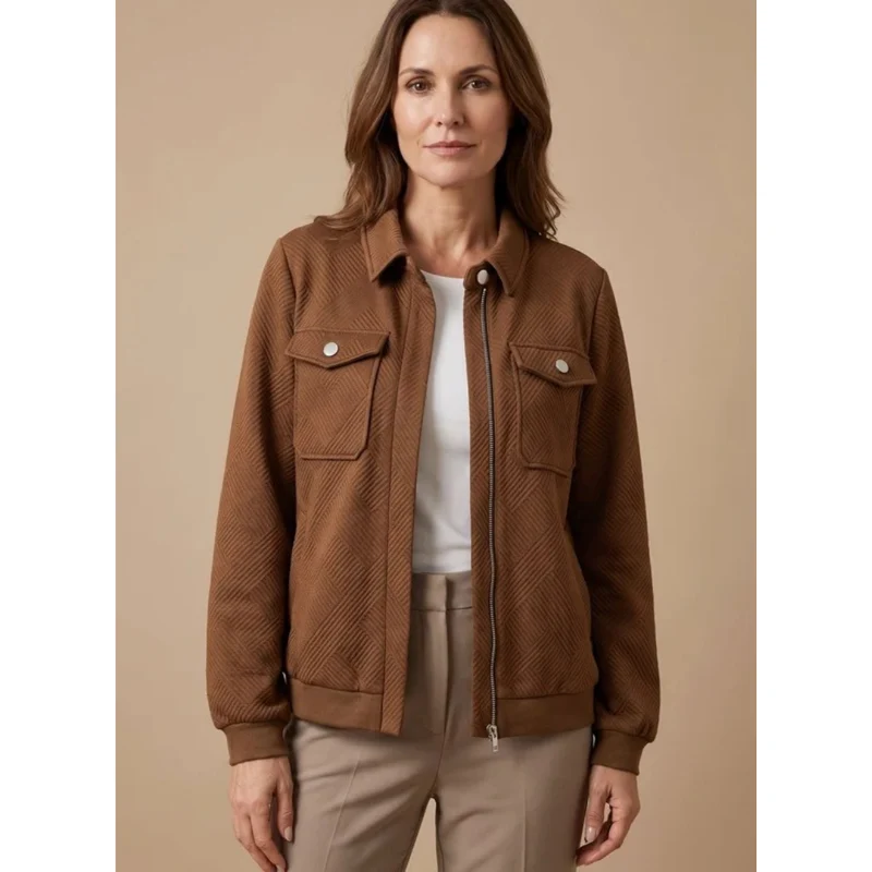 Solveig | Damen Braune Jacke mit Langarm, Taschen und Reißverschluss