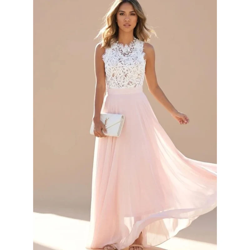 Irena | Damen Rosa Cocktailkleid mit Spitze und Chiffon in langer Ausführung