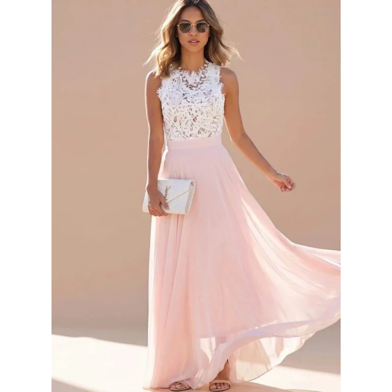 Irena | Damen Rosa Cocktailkleid mit Spitze und Chiffon in langer Ausführung