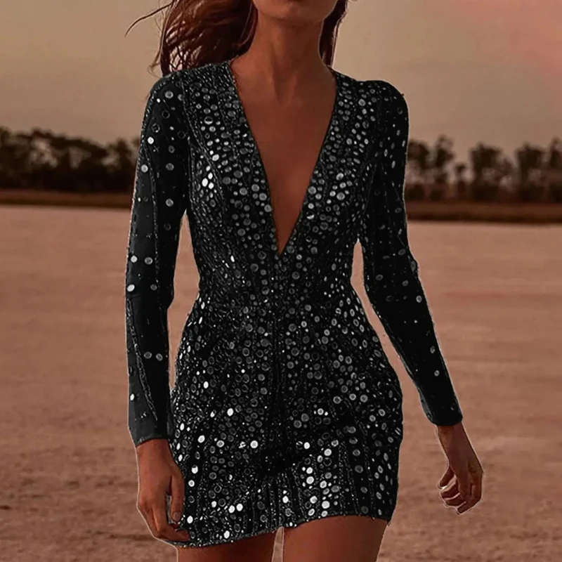 Janina | Damen Pailletten Cocktailkleid mit Langarm, V-Ausschnitt und kurzer Länge