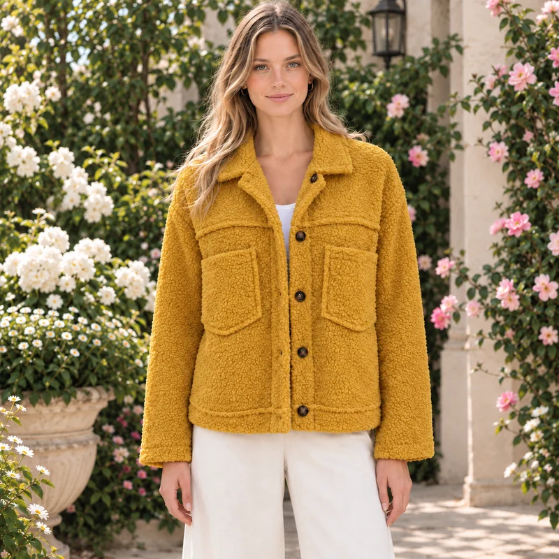 Meike | Damen Teddy Winterjacke mit Kragen, Knöpfen und Taschen