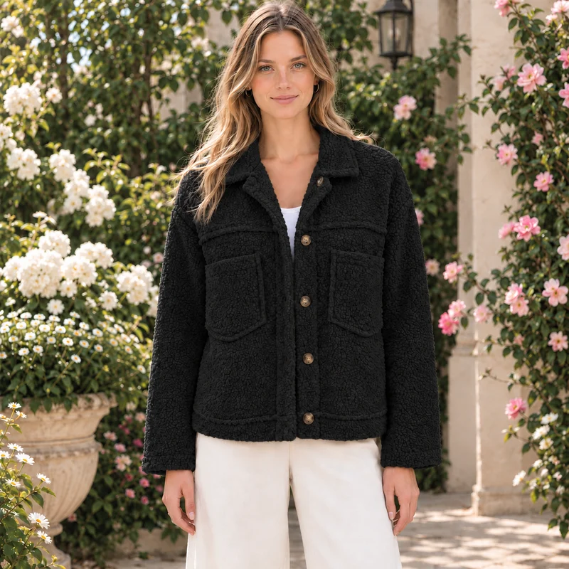 Meike | Damen Teddy Winterjacke mit Kragen, Knöpfen und Taschen