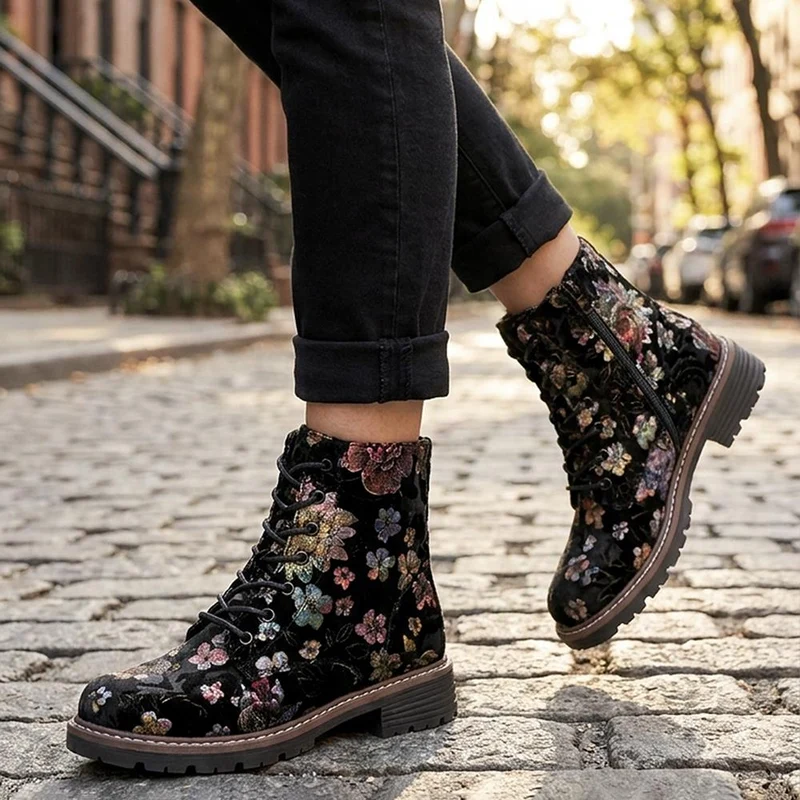 Lace Up Ankle Boots With Warm Lining - WBINS44000 / 329 764 - Black Floral